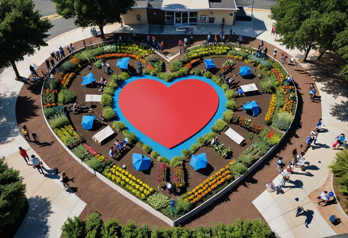 A heart symbol integrated into a community landscape, showcasing diverse individuals engaging in healthy activities such as jogging, gardening, and group exercises. Include elements representing philanthropy like donation boxes and healthy food stands. Incorporate insurance themes with abstract symbols of protection and support, radiating positive energy. The scene should be vibrant and uplifting, emphasizing unity and health. vibrant colors. super-realistic.