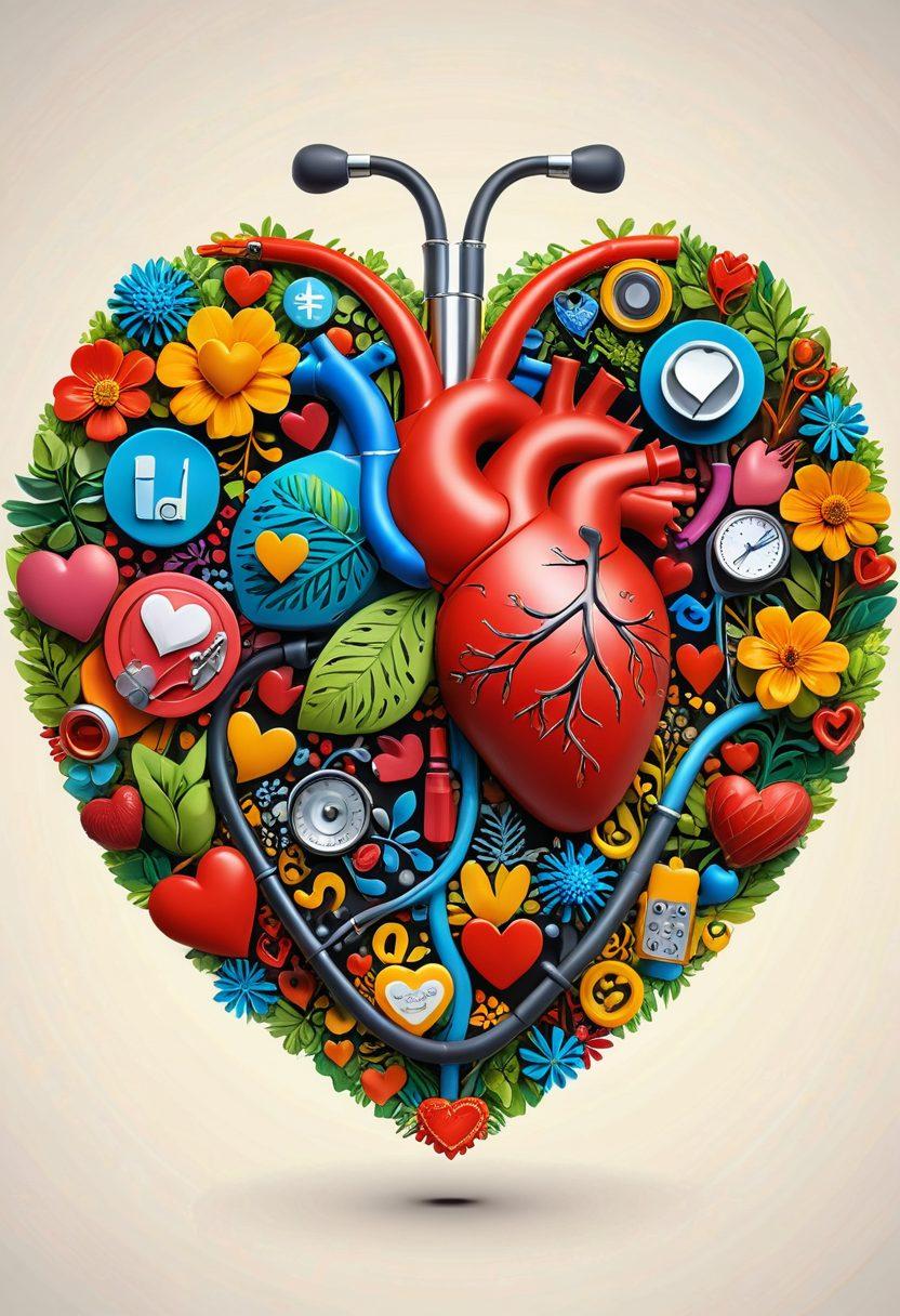 A vibrant heart symbol intricately woven with wellness icons like a stethoscope, a heart monitor, and community figures. In the background, a flourishing tree representing growth and health, surrounded by diverse individuals engaging in fitness and support activities. Warm colors conveying empowerment and community connection. super-realistic. vibrant colors. 3D.