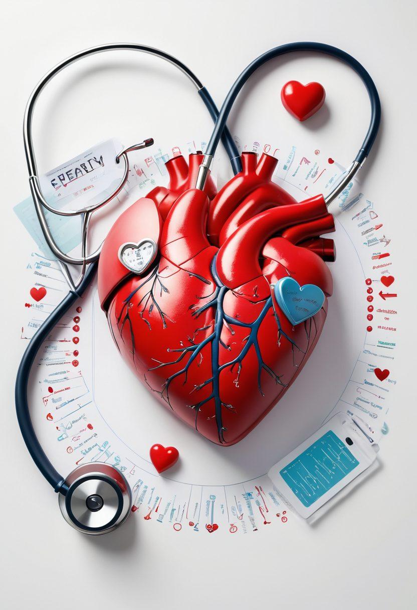 A compassionate medical professional guiding a diverse group of patients through a heart-shaped path, symbolizing their journey in cardiovascular care. Show vibrant heart monitors, medical charts, and empowering words like 'Advocacy' and 'Support' in the background. Include elements like a stethoscope, medicine, and uplifting visuals of healthy hearts. The scene should convey hope, unity, and empowerment. super-realistic. vibrant colors. white background.